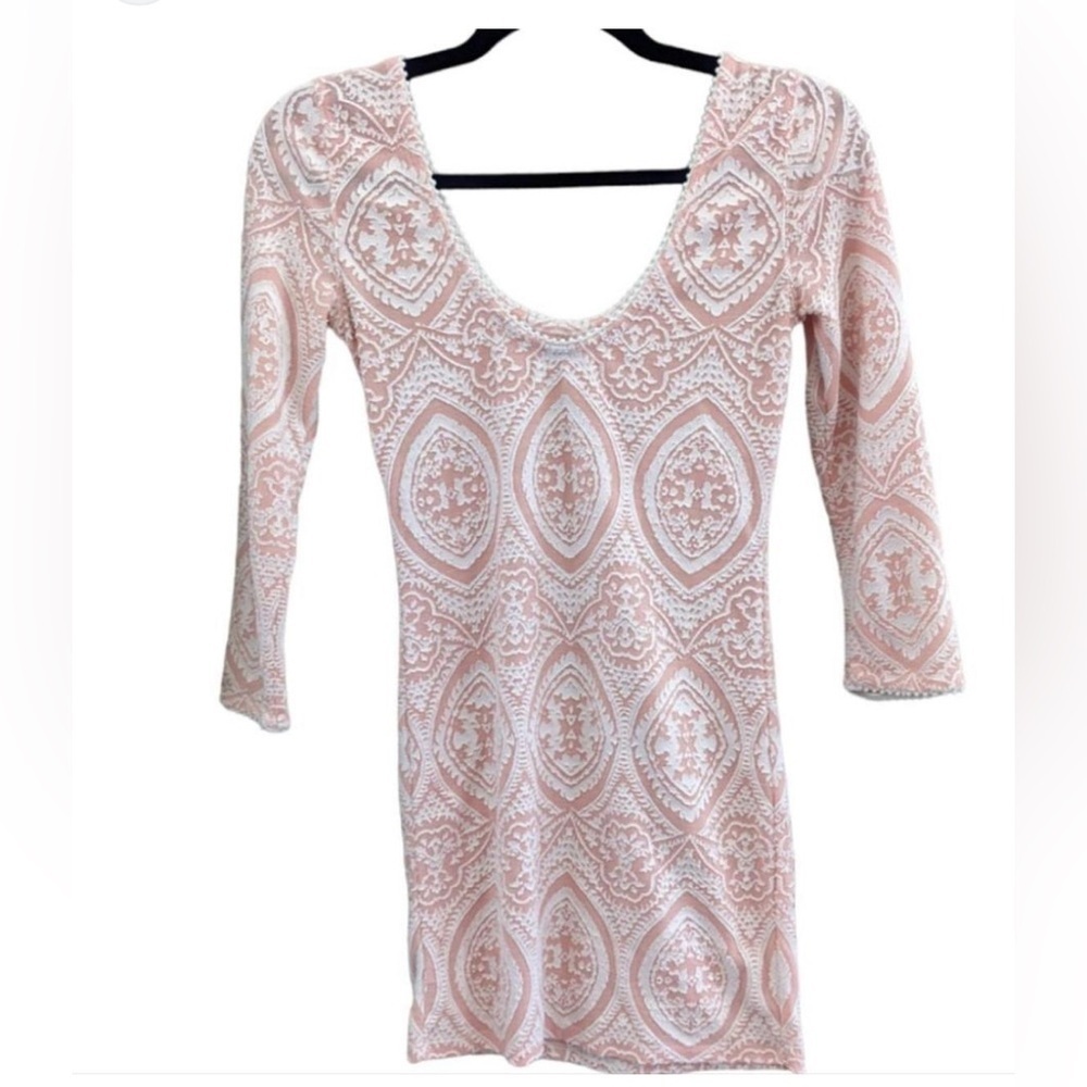 Free People Women's Peach White Embroidered Pattern Mini Fitted Dress